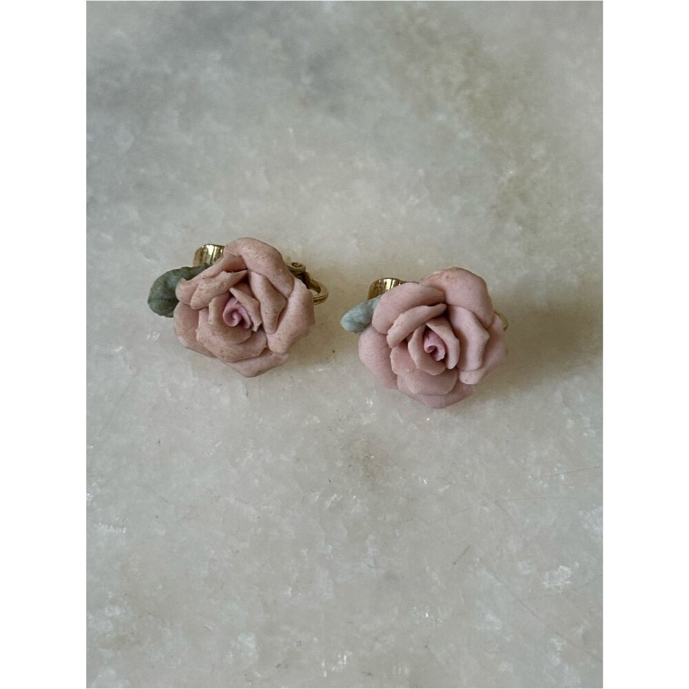 Rose Capodimonte Porcelain Clip- On Earrings Soft Pink with Gold Toned Hardware